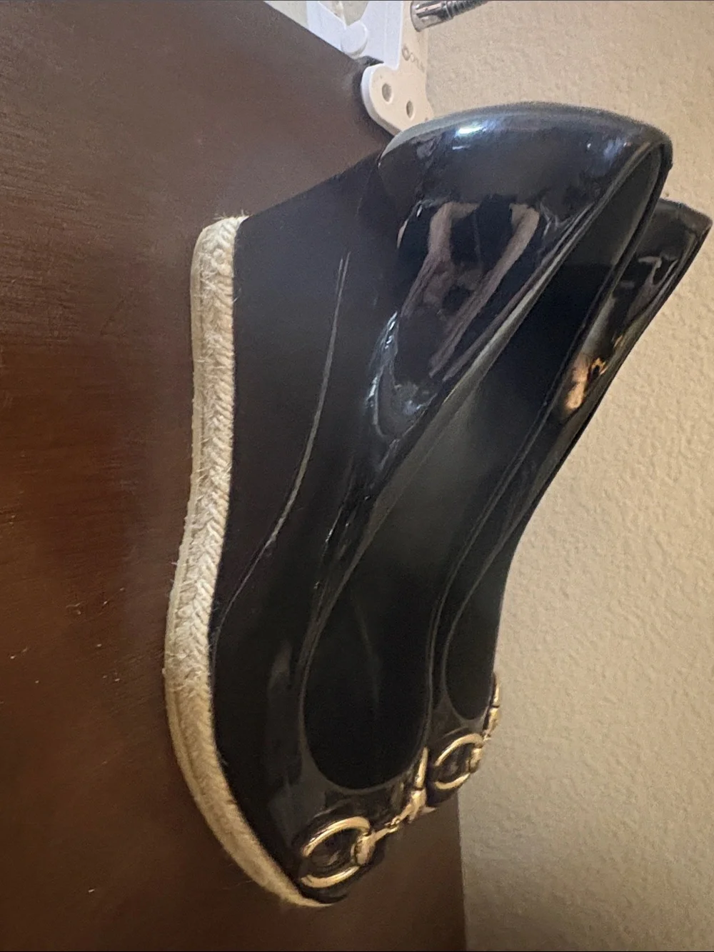 Gucci Black Patent Leather Peep-Toe Pumps with Gold Horsebit